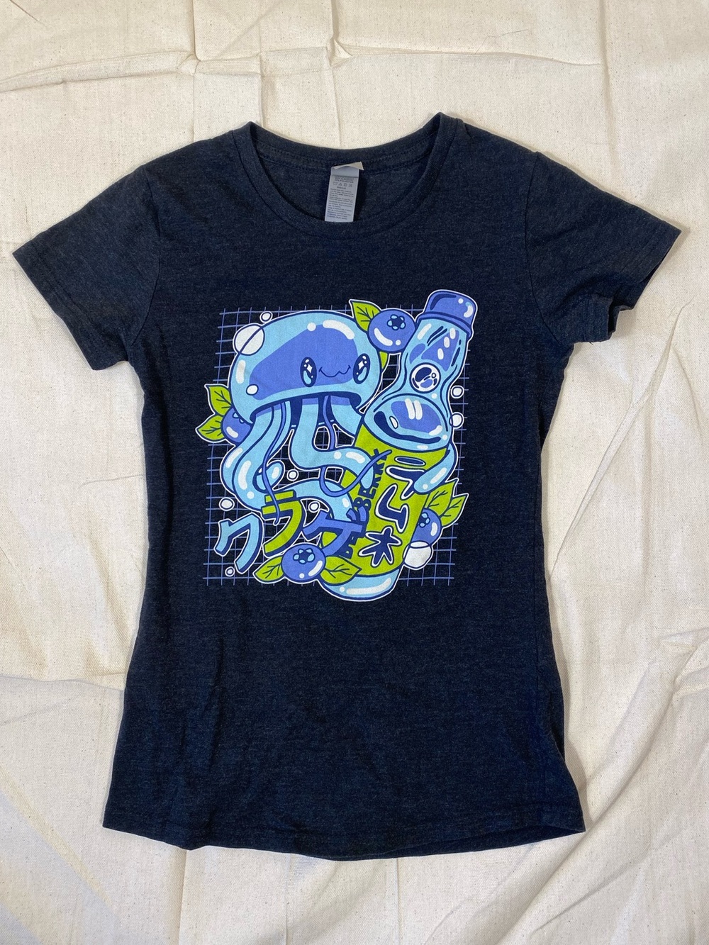 Girls Dark Grey Anime Graphic Blueberry Ramune T-Shirt